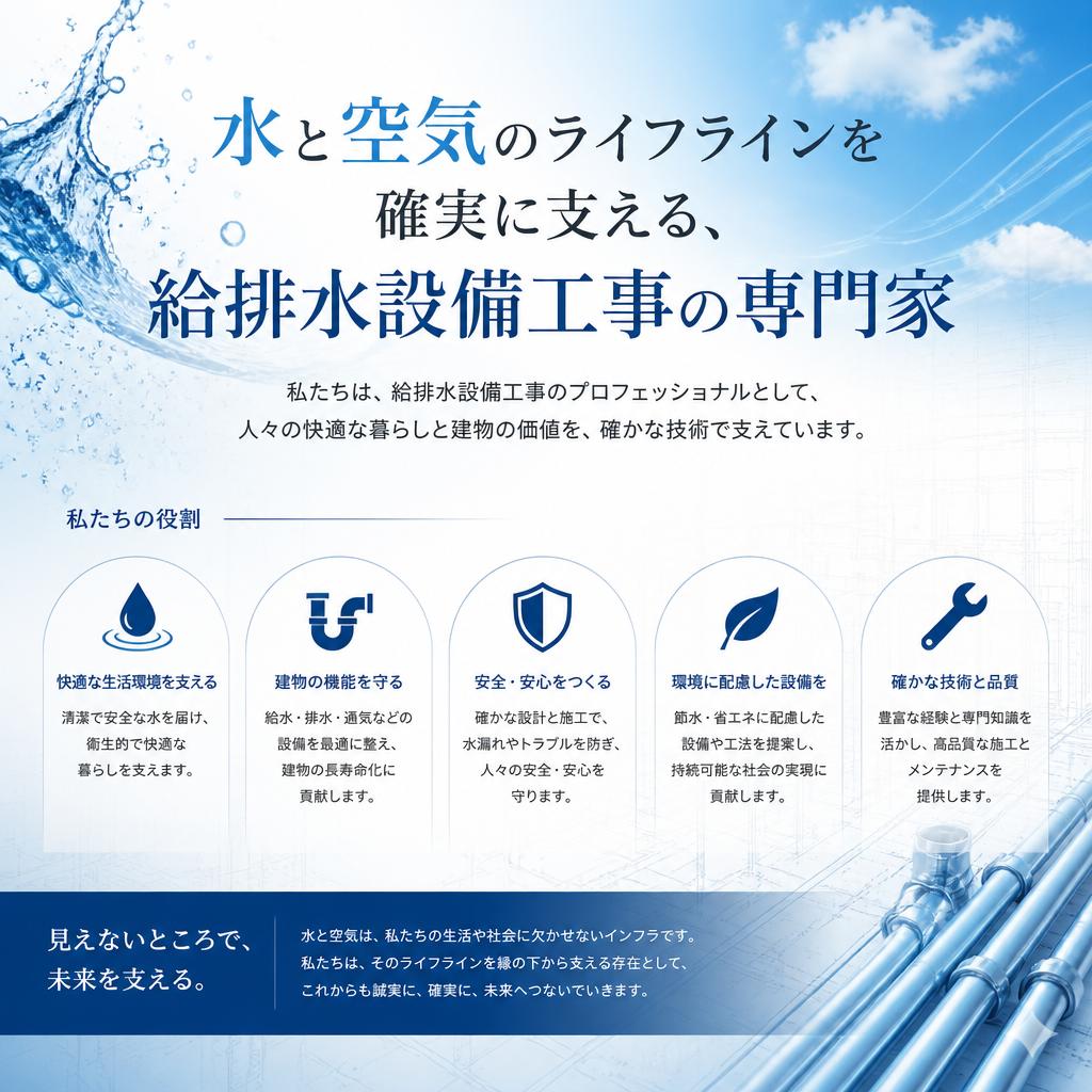 水と空気のライフラインを確実に支える、給排水設備工事の専門家としての役割をお伝えします